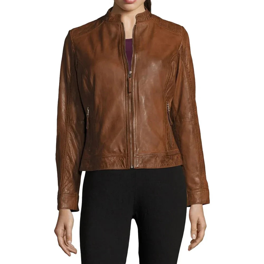Womens Genuine Biker Brown Cognac Leather Jacket - Jackets Charm