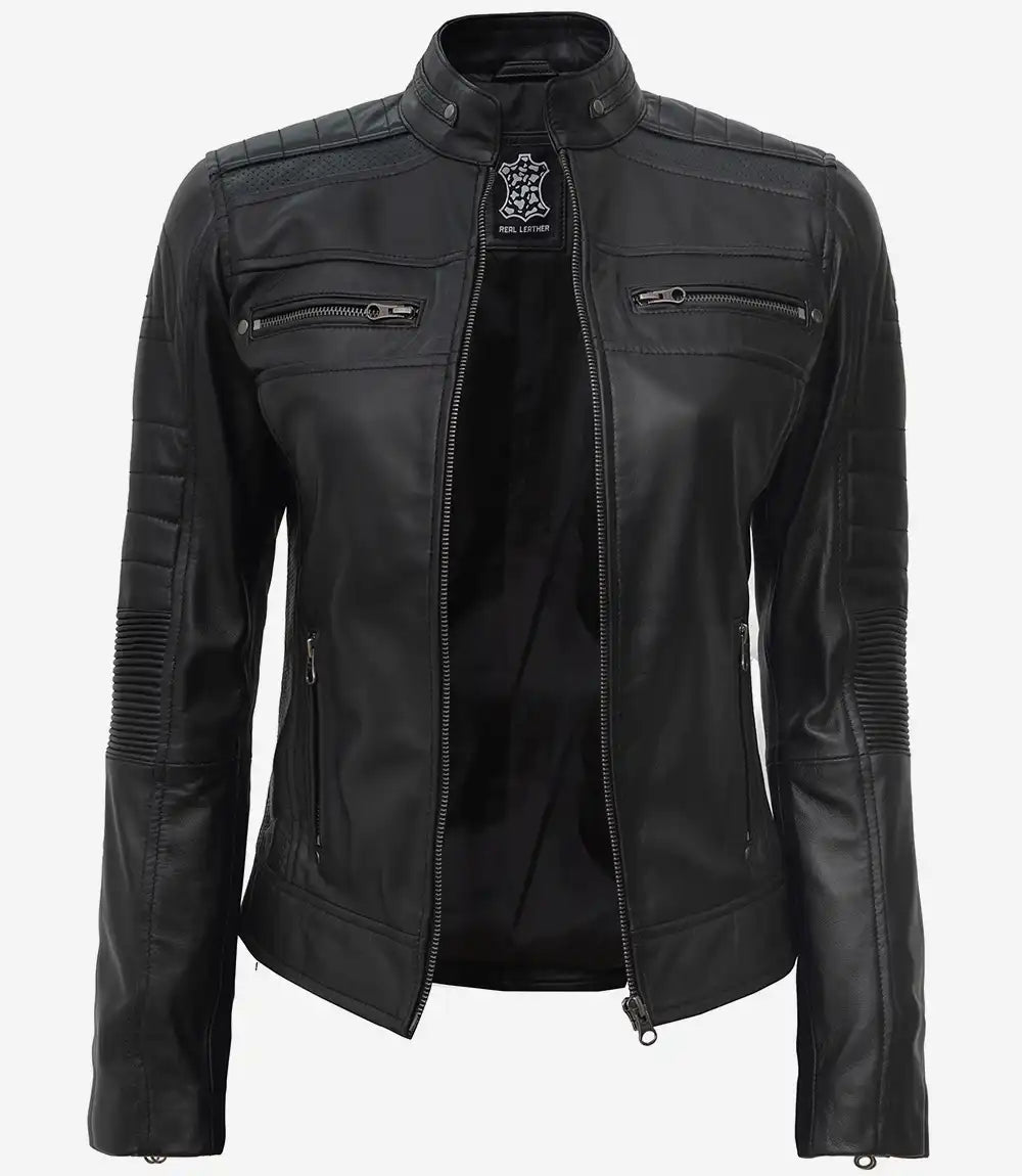 Womens Black Cafe Racer Leather Jacket - Jackets Charm