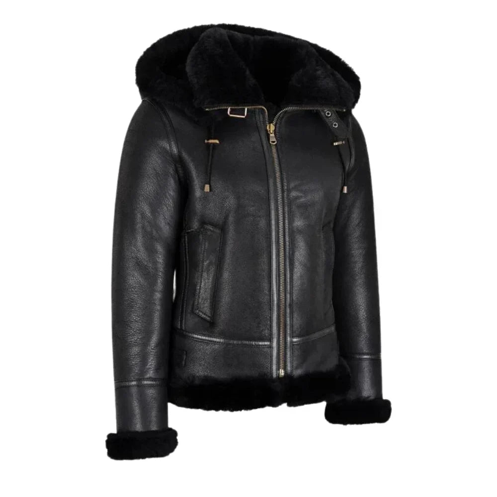 Womens Black Hooded Shearling Leather Bomber Aviator Jacket - Jackets Charm